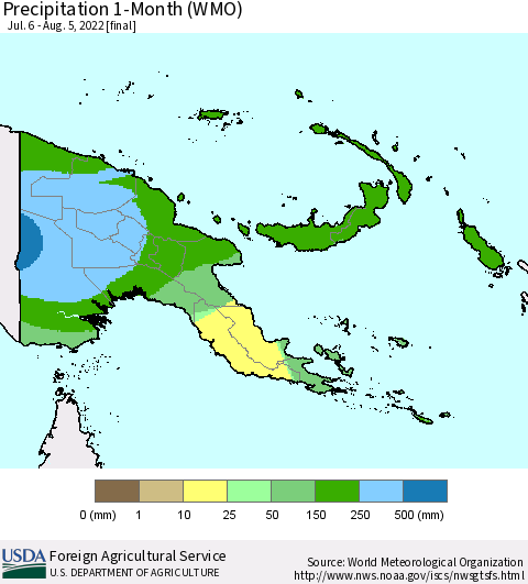 Papua New Guinea Precipitation 1-Month (WMO) Thematic Map For 7/6/2022 - 8/5/2022