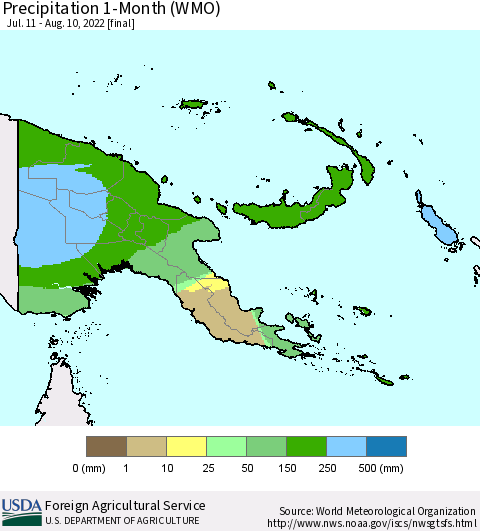 Papua New Guinea Precipitation 1-Month (WMO) Thematic Map For 7/11/2022 - 8/10/2022