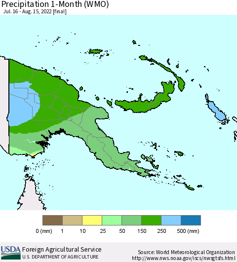 Papua New Guinea Precipitation 1-Month (WMO) Thematic Map For 7/16/2022 - 8/15/2022