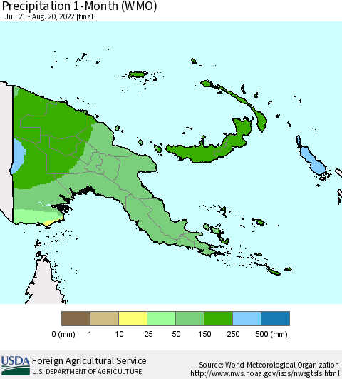 Papua New Guinea Precipitation 1-Month (WMO) Thematic Map For 7/21/2022 - 8/20/2022