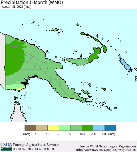 Papua New Guinea Precipitation 1-Month (WMO) Thematic Map For 8/1/2022 - 8/31/2022