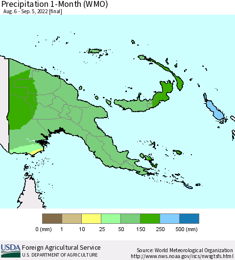 Papua New Guinea Precipitation 1-Month (WMO) Thematic Map For 8/6/2022 - 9/5/2022