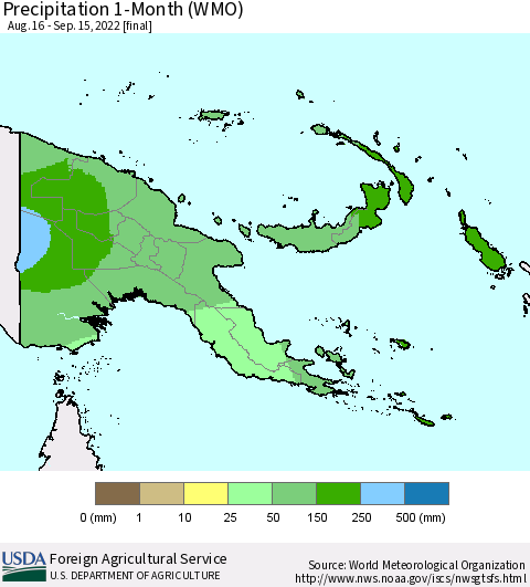 Papua New Guinea Precipitation 1-Month (WMO) Thematic Map For 8/16/2022 - 9/15/2022