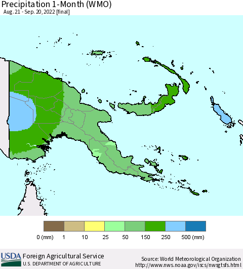 Papua New Guinea Precipitation 1-Month (WMO) Thematic Map For 8/21/2022 - 9/20/2022