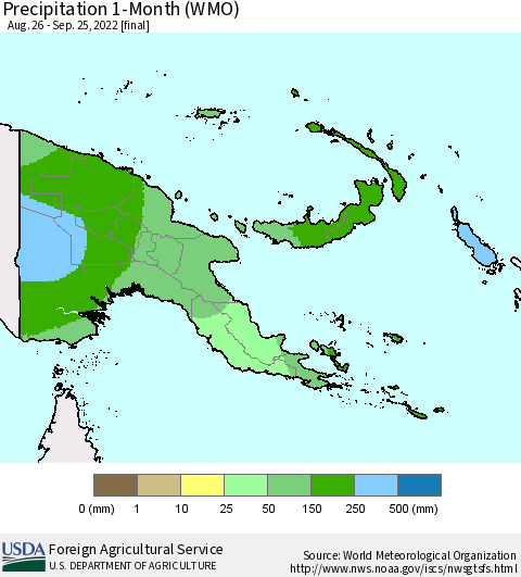 Papua New Guinea Precipitation 1-Month (WMO) Thematic Map For 8/26/2022 - 9/25/2022