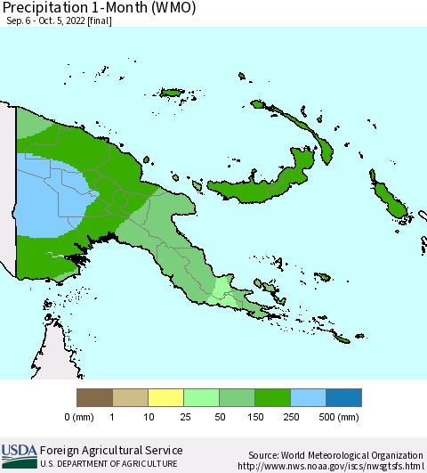 Papua New Guinea Precipitation 1-Month (WMO) Thematic Map For 9/6/2022 - 10/5/2022