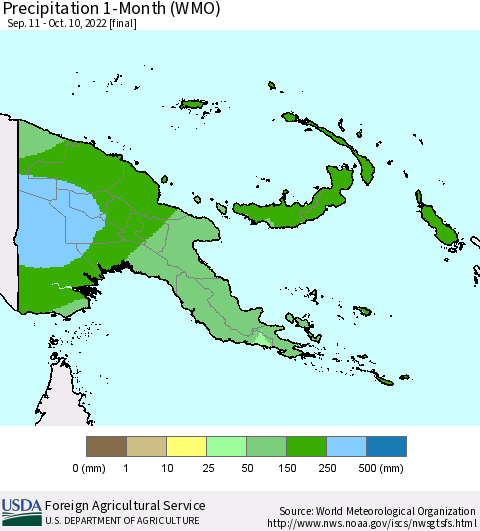 Papua New Guinea Precipitation 1-Month (WMO) Thematic Map For 9/11/2022 - 10/10/2022