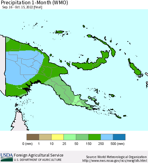 Papua New Guinea Precipitation 1-Month (WMO) Thematic Map For 9/16/2022 - 10/15/2022