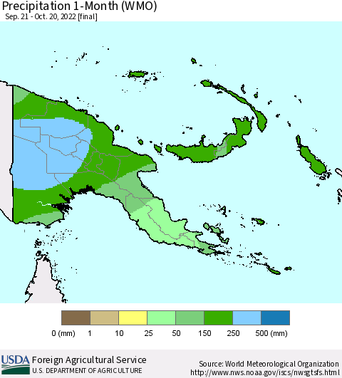 Papua New Guinea Precipitation 1-Month (WMO) Thematic Map For 9/21/2022 - 10/20/2022