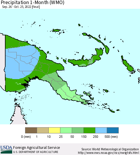 Papua New Guinea Precipitation 1-Month (WMO) Thematic Map For 9/26/2022 - 10/25/2022