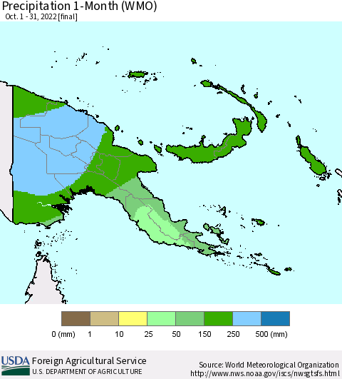 Papua New Guinea Precipitation 1-Month (WMO) Thematic Map For 10/1/2022 - 10/31/2022