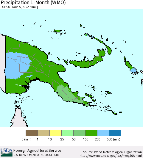 Papua New Guinea Precipitation 1-Month (WMO) Thematic Map For 10/6/2022 - 11/5/2022