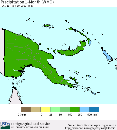 Papua New Guinea Precipitation 1-Month (WMO) Thematic Map For 10/11/2022 - 11/10/2022