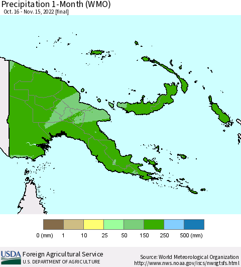 Papua New Guinea Precipitation 1-Month (WMO) Thematic Map For 10/16/2022 - 11/15/2022
