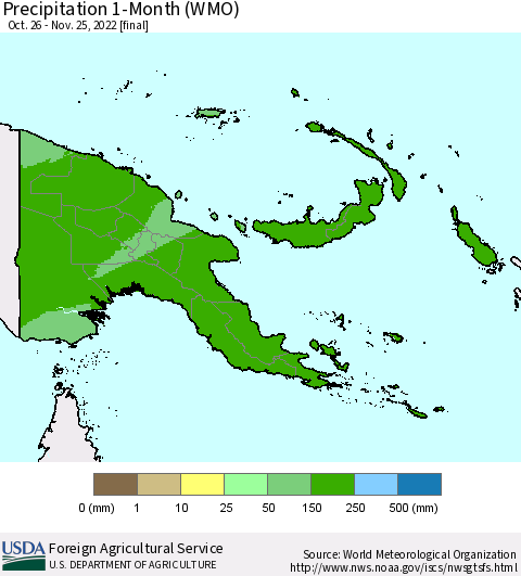 Papua New Guinea Precipitation 1-Month (WMO) Thematic Map For 10/26/2022 - 11/25/2022