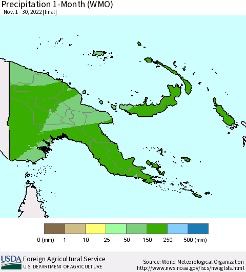 Papua New Guinea Precipitation 1-Month (WMO) Thematic Map For 11/1/2022 - 11/30/2022