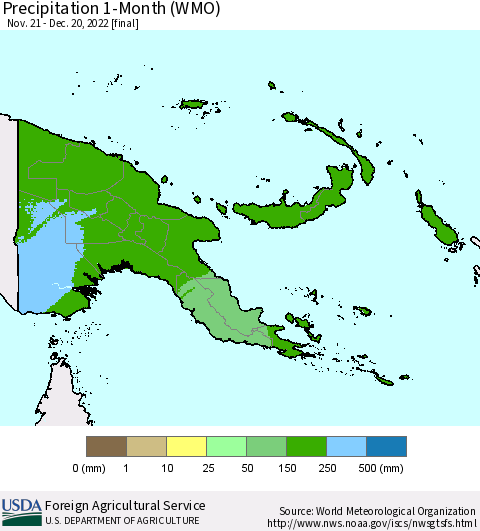 Papua New Guinea Precipitation 1-Month (WMO) Thematic Map For 11/21/2022 - 12/20/2022