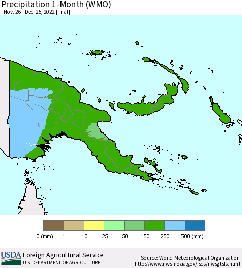 Papua New Guinea Precipitation 1-Month (WMO) Thematic Map For 11/26/2022 - 12/25/2022
