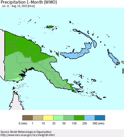 Papua New Guinea Precipitation 1-Month (WMO) Thematic Map For 7/11/2023 - 8/10/2023
