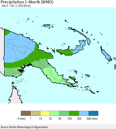 Papua New Guinea Precipitation 1-Month (WMO) Thematic Map For 9/6/2023 - 10/5/2023