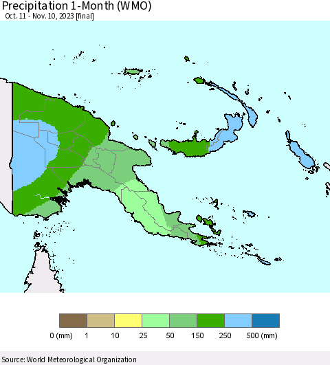 Papua New Guinea Precipitation 1-Month (WMO) Thematic Map For 10/11/2023 - 11/10/2023