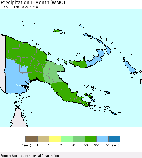 Papua New Guinea Precipitation 1-Month (WMO) Thematic Map For 1/11/2024 - 2/10/2024