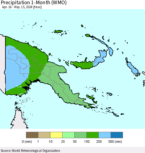 Papua New Guinea Precipitation 1-Month (WMO) Thematic Map For 4/16/2024 - 5/15/2024