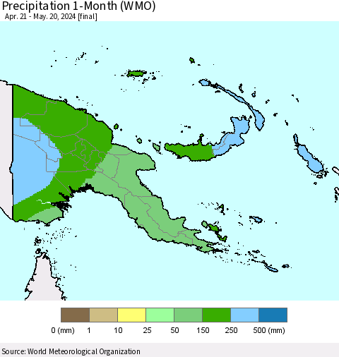 Papua New Guinea Precipitation 1-Month (WMO) Thematic Map For 4/21/2024 - 5/20/2024