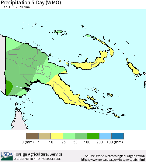 Papua New Guinea Precipitation 5-Day (WMO) Thematic Map For 1/1/2020 - 1/5/2020