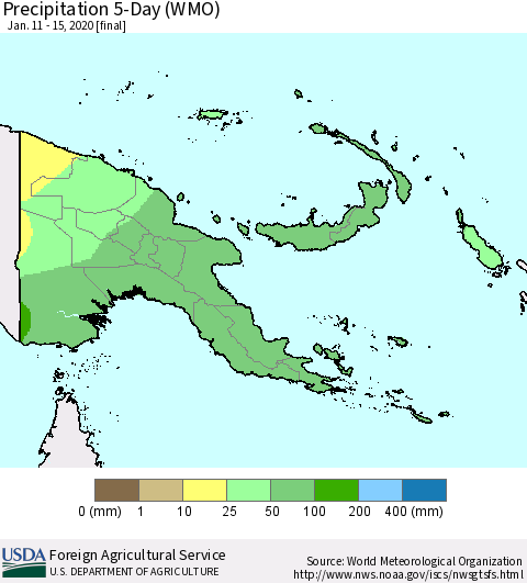 Papua New Guinea Precipitation 5-Day (WMO) Thematic Map For 1/11/2020 - 1/15/2020