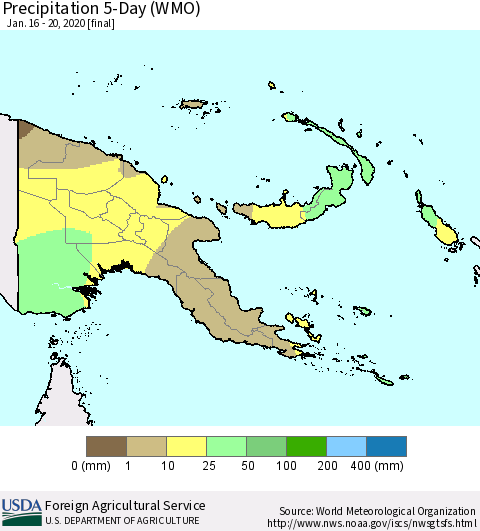 Papua New Guinea Precipitation 5-Day (WMO) Thematic Map For 1/16/2020 - 1/20/2020