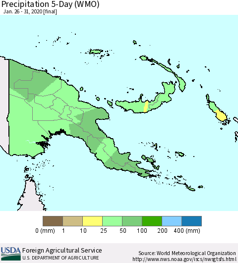 Papua New Guinea Precipitation 5-Day (WMO) Thematic Map For 1/26/2020 - 1/31/2020
