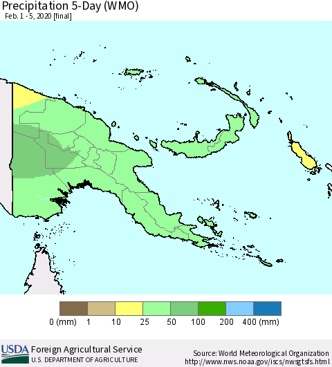 Papua New Guinea Precipitation 5-Day (WMO) Thematic Map For 2/1/2020 - 2/5/2020