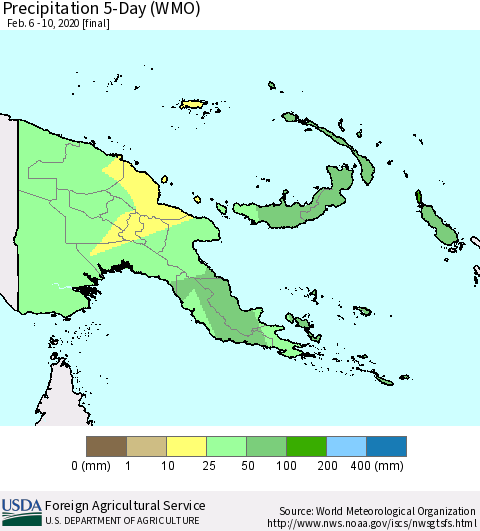 Papua New Guinea Precipitation 5-Day (WMO) Thematic Map For 2/6/2020 - 2/10/2020