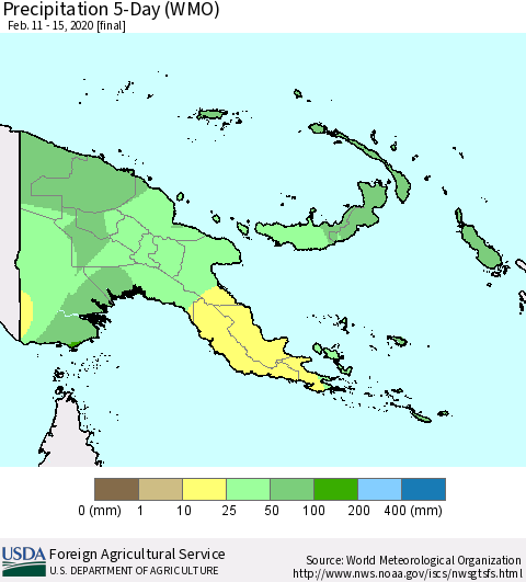 Papua New Guinea Precipitation 5-Day (WMO) Thematic Map For 2/11/2020 - 2/15/2020