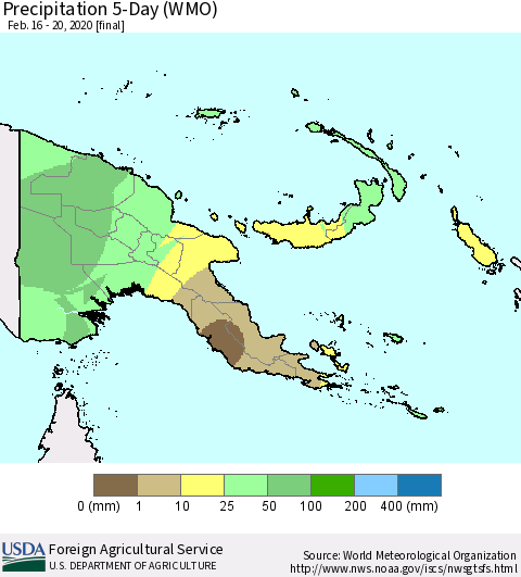 Papua New Guinea Precipitation 5-Day (WMO) Thematic Map For 2/16/2020 - 2/20/2020