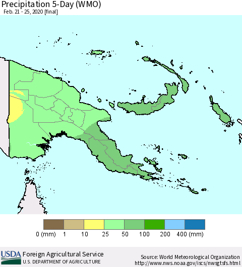 Papua New Guinea Precipitation 5-Day (WMO) Thematic Map For 2/21/2020 - 2/25/2020