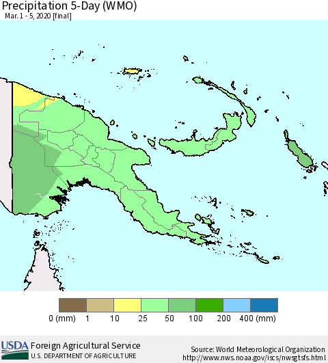 Papua New Guinea Precipitation 5-Day (WMO) Thematic Map For 3/1/2020 - 3/5/2020