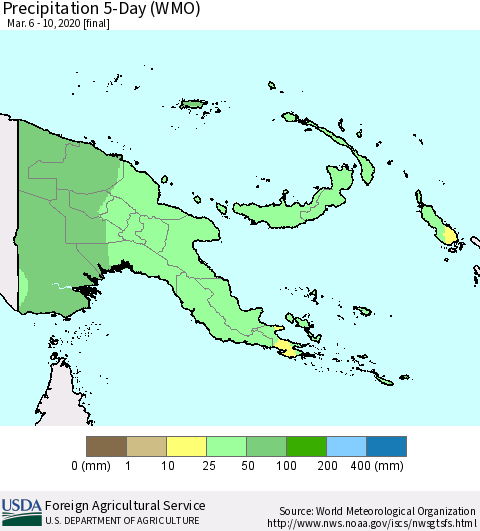 Papua New Guinea Precipitation 5-Day (WMO) Thematic Map For 3/6/2020 - 3/10/2020