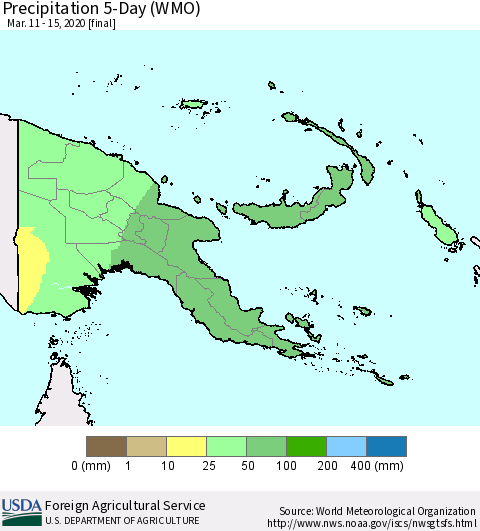 Papua New Guinea Precipitation 5-Day (WMO) Thematic Map For 3/11/2020 - 3/15/2020