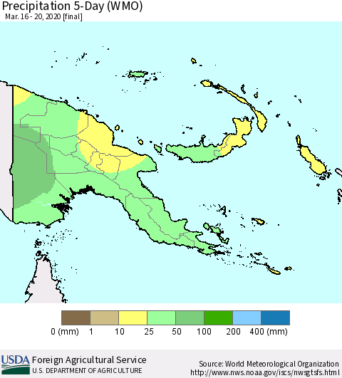 Papua New Guinea Precipitation 5-Day (WMO) Thematic Map For 3/16/2020 - 3/20/2020