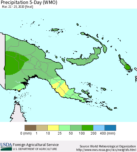 Papua New Guinea Precipitation 5-Day (WMO) Thematic Map For 3/21/2020 - 3/25/2020