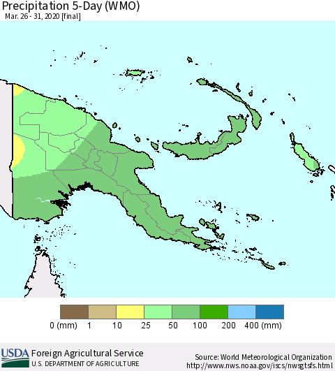 Papua New Guinea Precipitation 5-Day (WMO) Thematic Map For 3/26/2020 - 3/31/2020