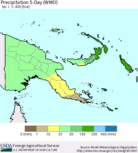 Papua New Guinea Precipitation 5-Day (WMO) Thematic Map For 4/1/2020 - 4/5/2020