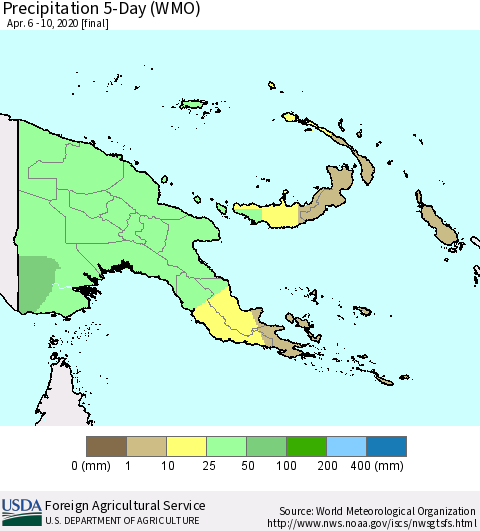 Papua New Guinea Precipitation 5-Day (WMO) Thematic Map For 4/6/2020 - 4/10/2020