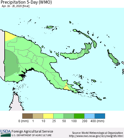 Papua New Guinea Precipitation 5-Day (WMO) Thematic Map For 4/16/2020 - 4/20/2020