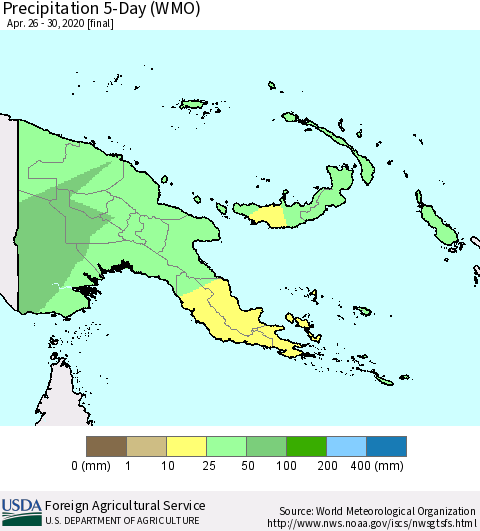 Papua New Guinea Precipitation 5-Day (WMO) Thematic Map For 4/26/2020 - 4/30/2020