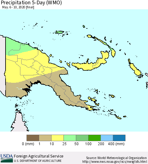 Papua New Guinea Precipitation 5-Day (WMO) Thematic Map For 5/6/2020 - 5/10/2020