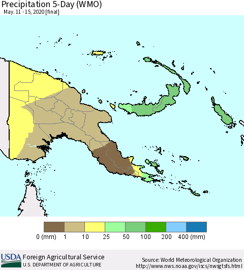 Papua New Guinea Precipitation 5-Day (WMO) Thematic Map For 5/11/2020 - 5/15/2020