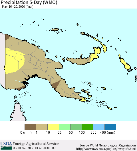 Papua New Guinea Precipitation 5-Day (WMO) Thematic Map For 5/16/2020 - 5/20/2020